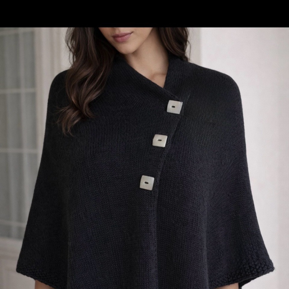 Black Knit Shawl with Button Accents
